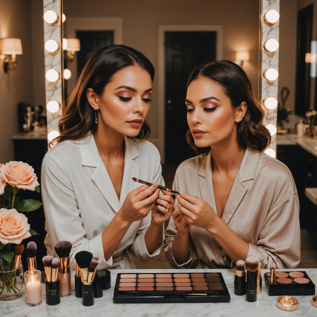 Makeup artist applying lipstick to client